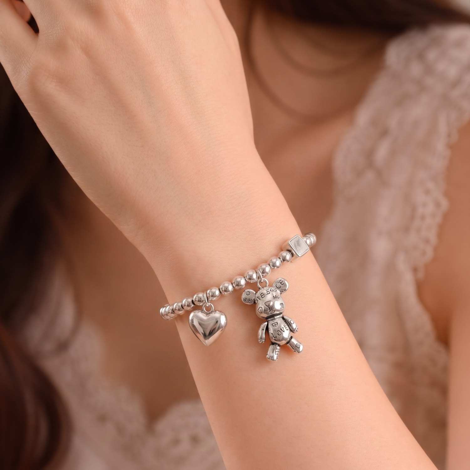 Silver Teddy Bear Heart Bracelet JLTB1032