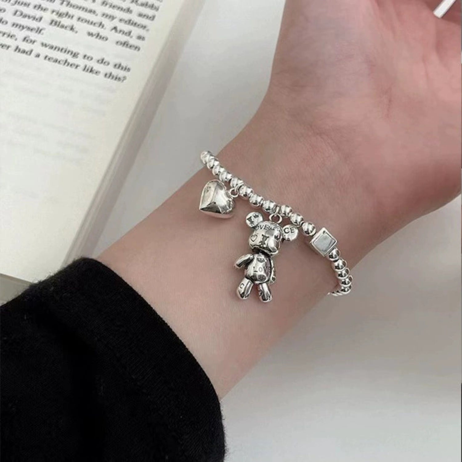 Silver Teddy Bear Heart Bracelet JLTB1032