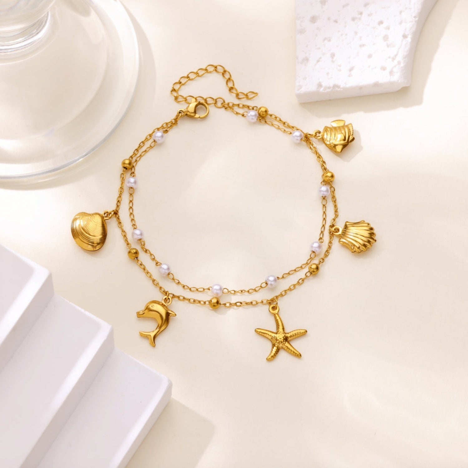 Gold Nautical Pearl Charm Bracelet JLTB1080