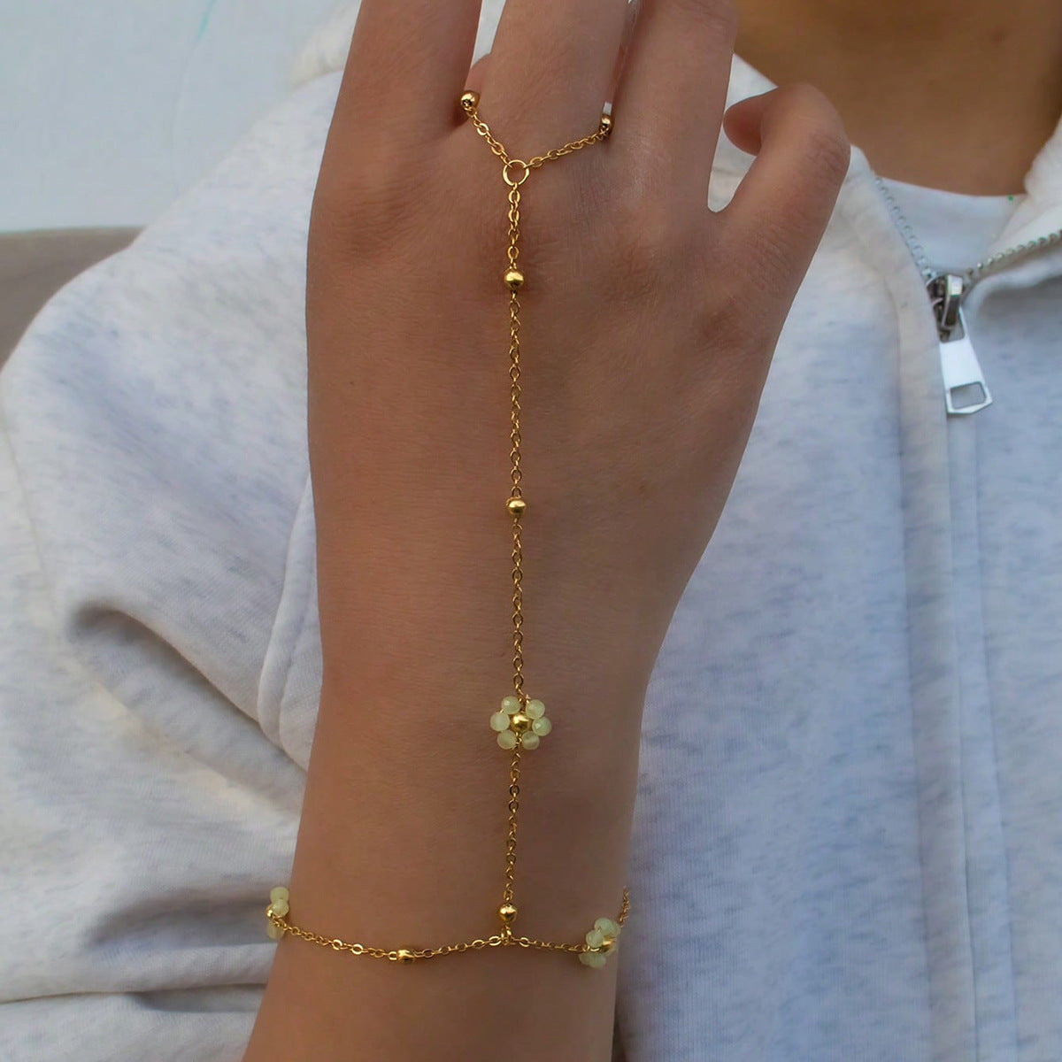 Gold Beaded Green Flower Hand Bracelet JLTB1095