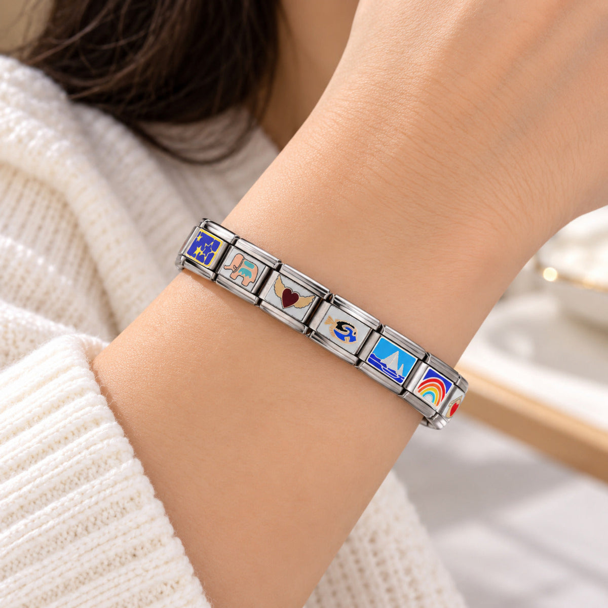 Silver Multicolor Charm Link Bracelet JLTB1256