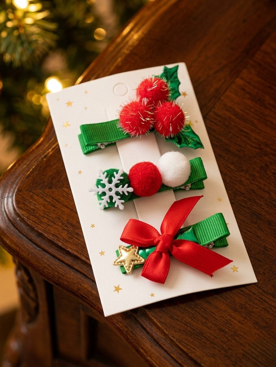 Festive Christmas Ribbon & Pom-Pom Hair Clip Pack-3 JLTC0165