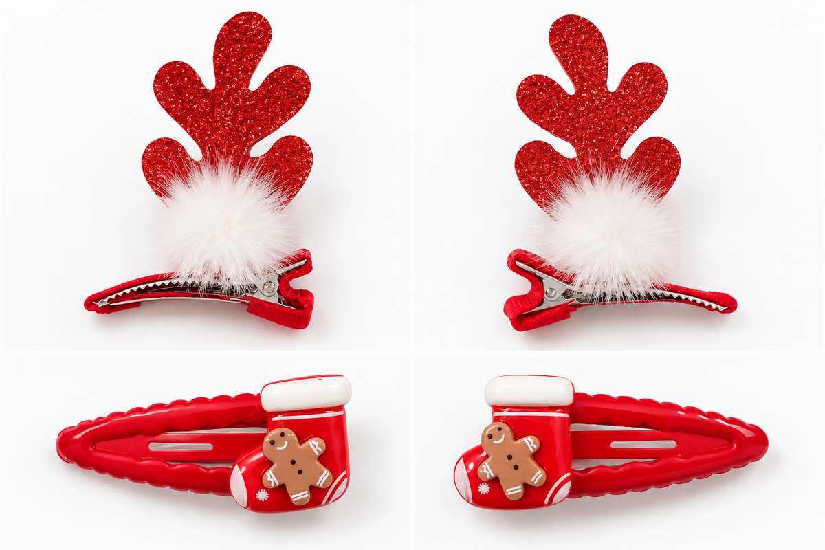 Glitter Reindeer Antler & Gingerbread Stocking Hair Clips Pack-4 JLTC0167