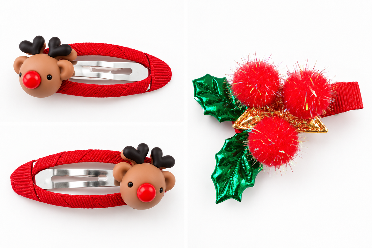 Holiday Reindeer & Holly Berry Hair Clip Trio Pack-3 JLTC0155