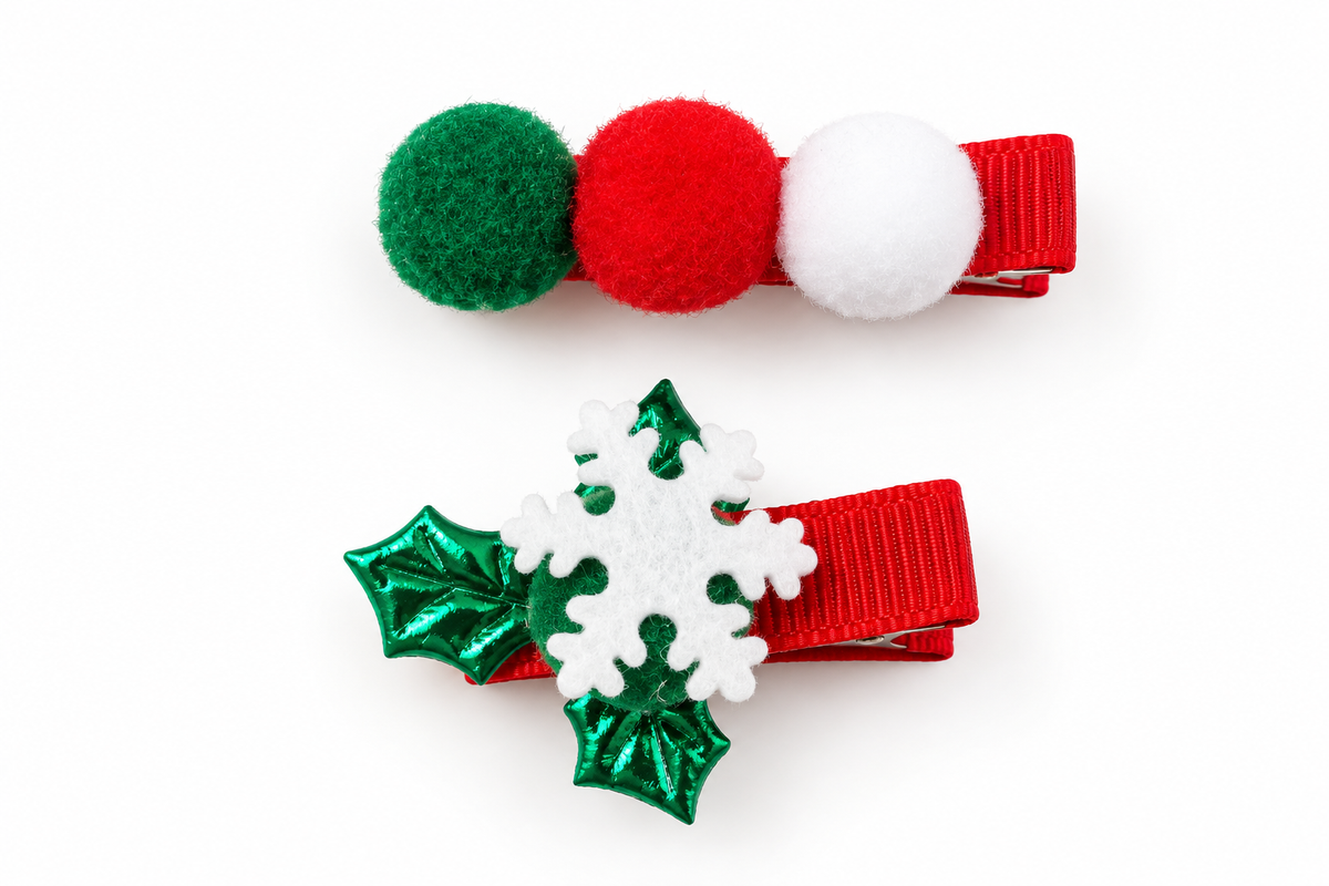 Snowflake Holly & Holiday Pom-Pom Hair Clip Pack-2 JLTC0158