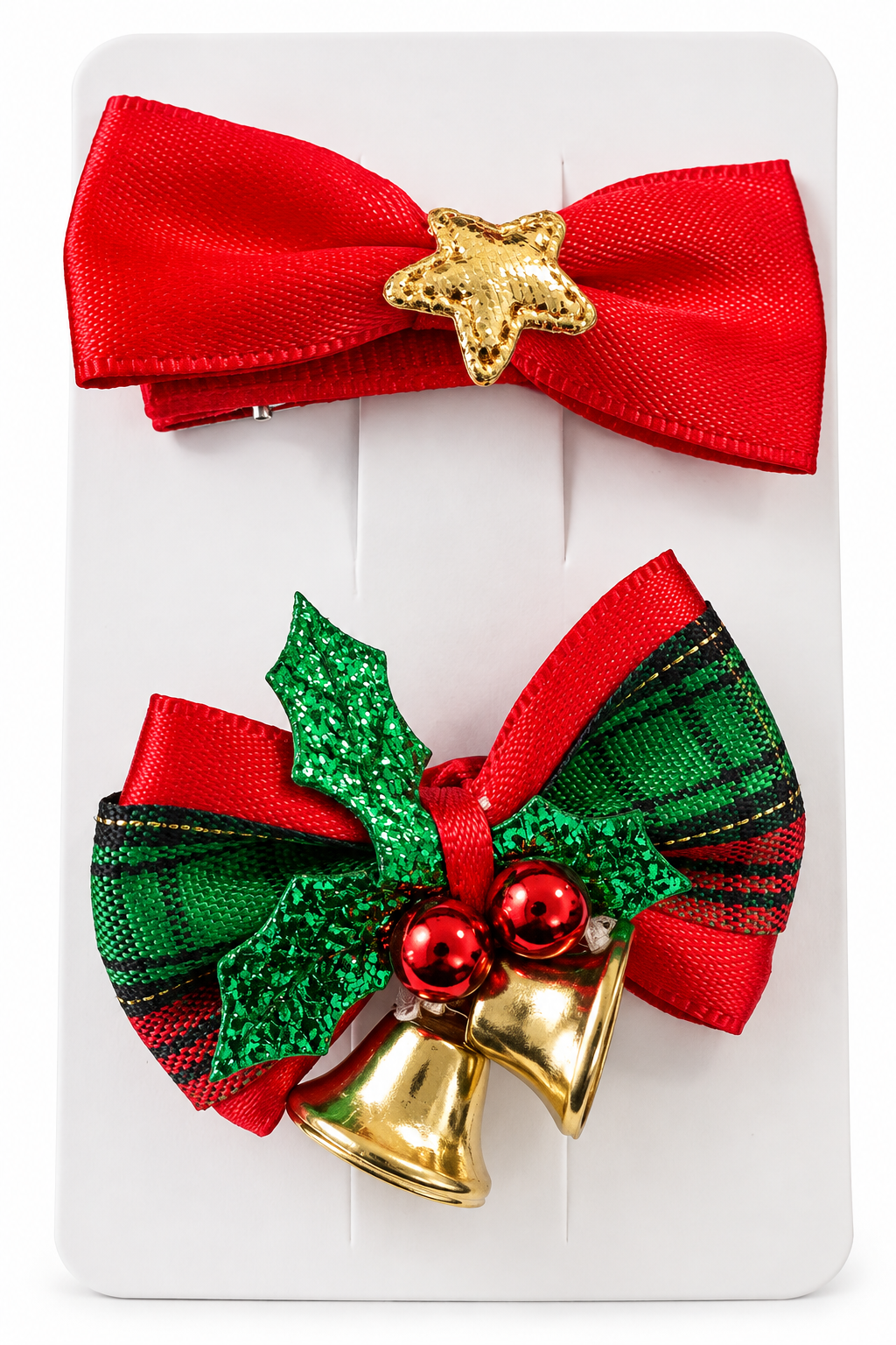 Gold Star Satin Bow & Holiday Jingle Bell Hair Clip Pack-2 JLTC0162