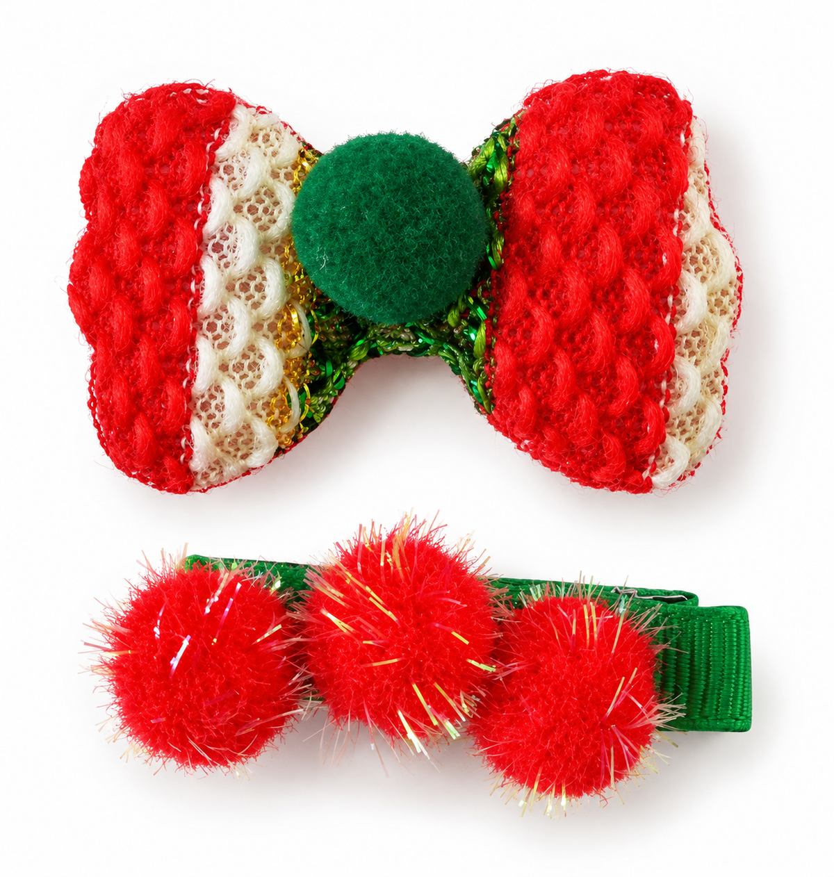 Crocheted Bow & Holly Berry Pom-Pom Hair Clip Pack-2 JLTC0163