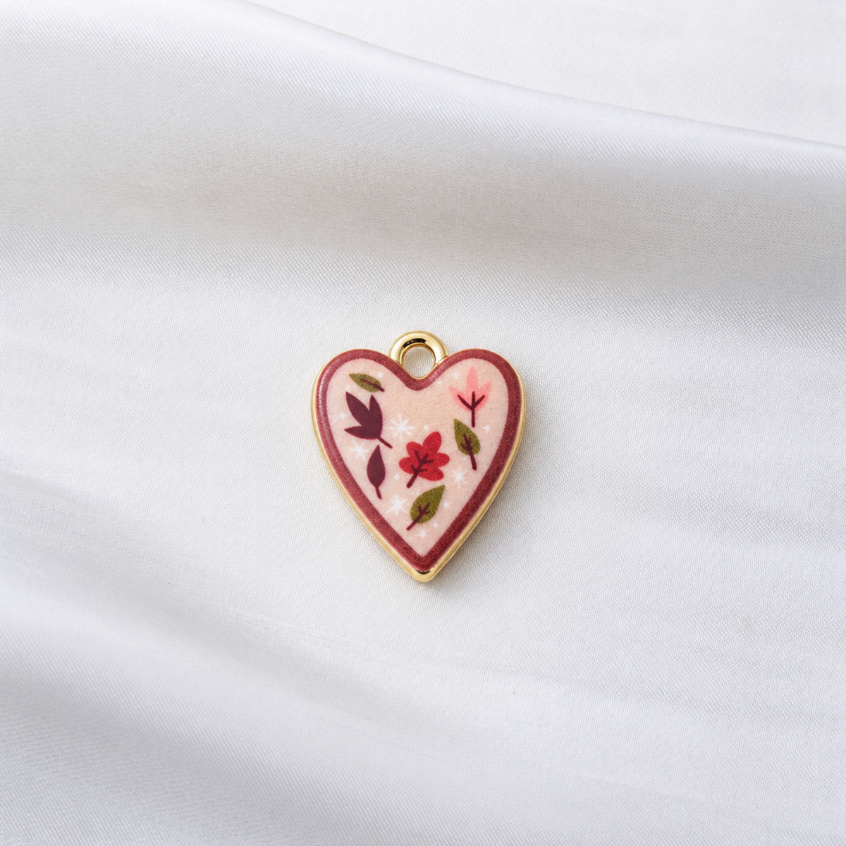 Pink Floral Heart Enamel Charms with Gold Border JLTCH0074