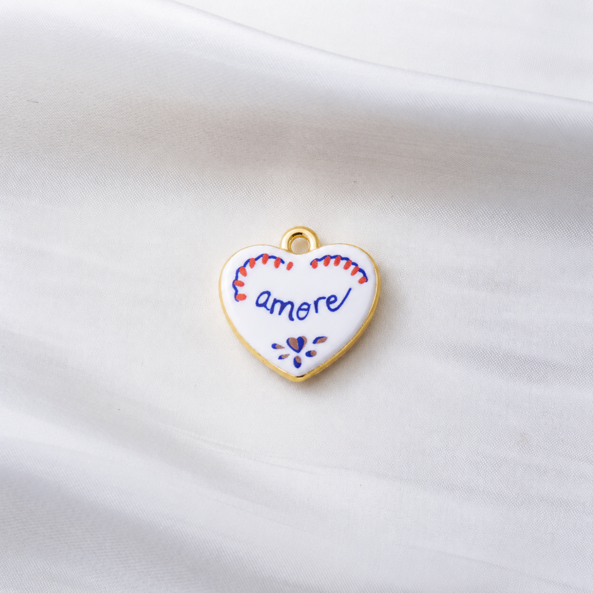 White Enamel Heart Charms with “Amore” Lettering and Gold Border JLTCH0075