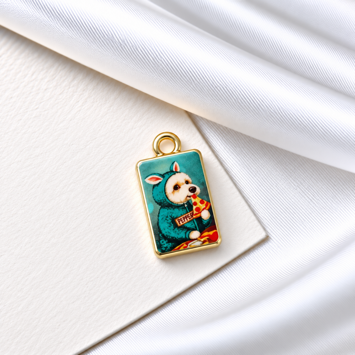 Cute Dog Eating Pizza Rectangular Charm Pendant JLTCH0099