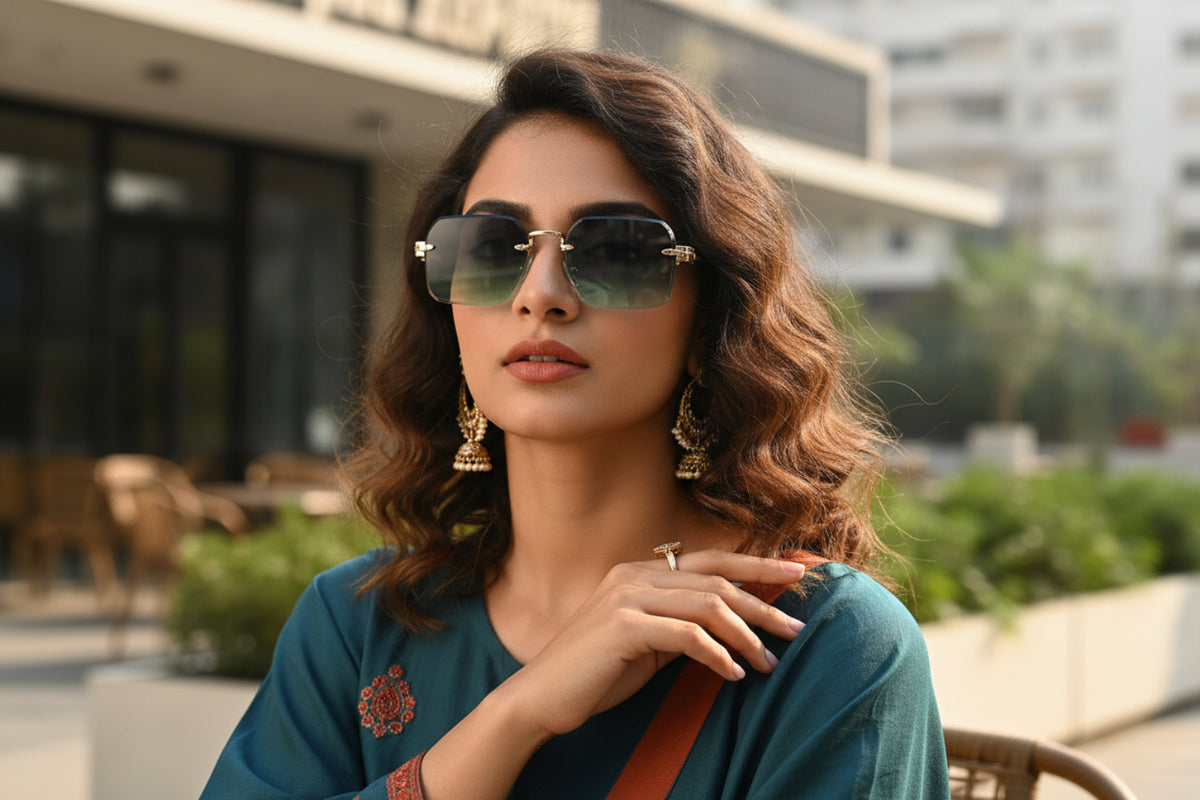 Green Gradient Rimless Square Sunglasses JLTG0153