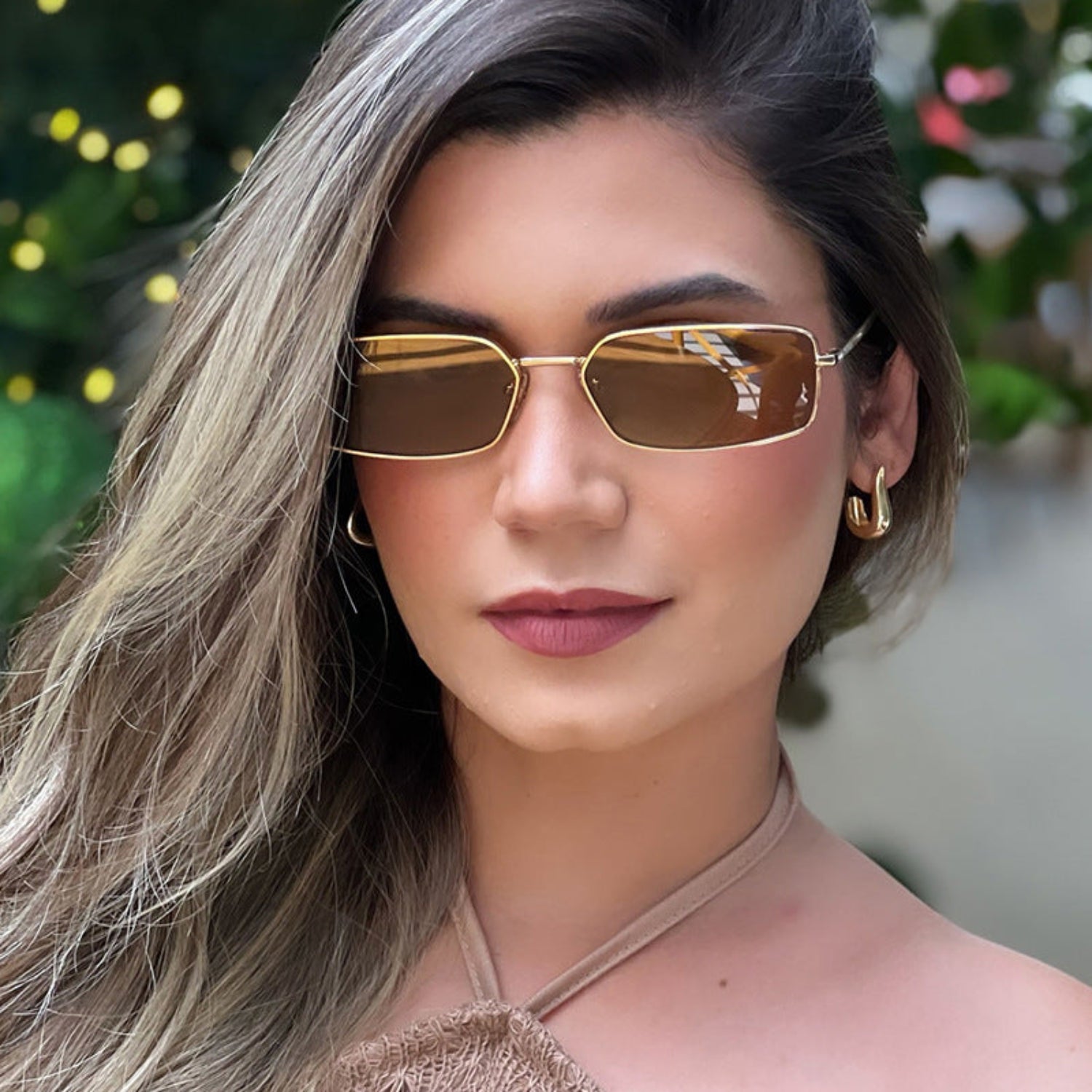 Gold Rectangular Frame Brown Sunglasses JLTG0294