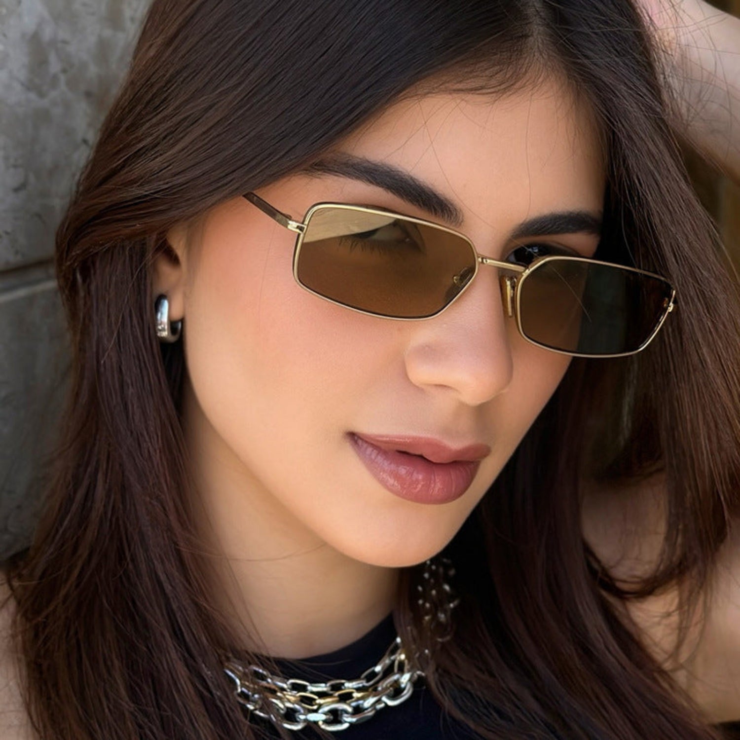 Gold Rectangular Frame Brown Sunglasses JLTG0294