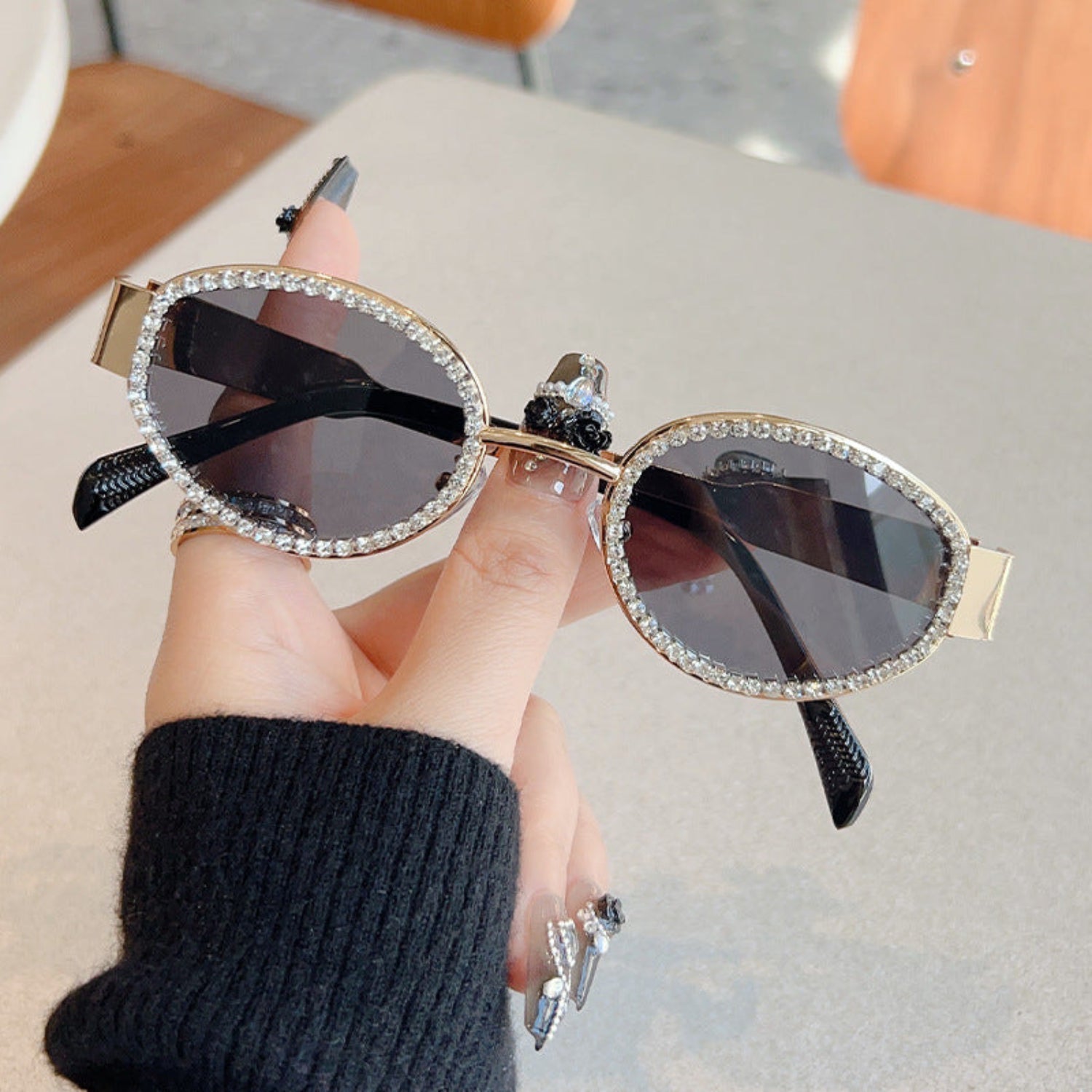 Crystal Studded Gold Oval Black Sunglasses JLTG0339