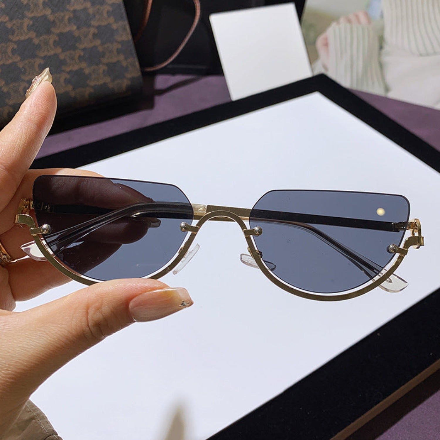 Gold Half-Rim Grey Cat-Eye Sunglasses JLTG0350