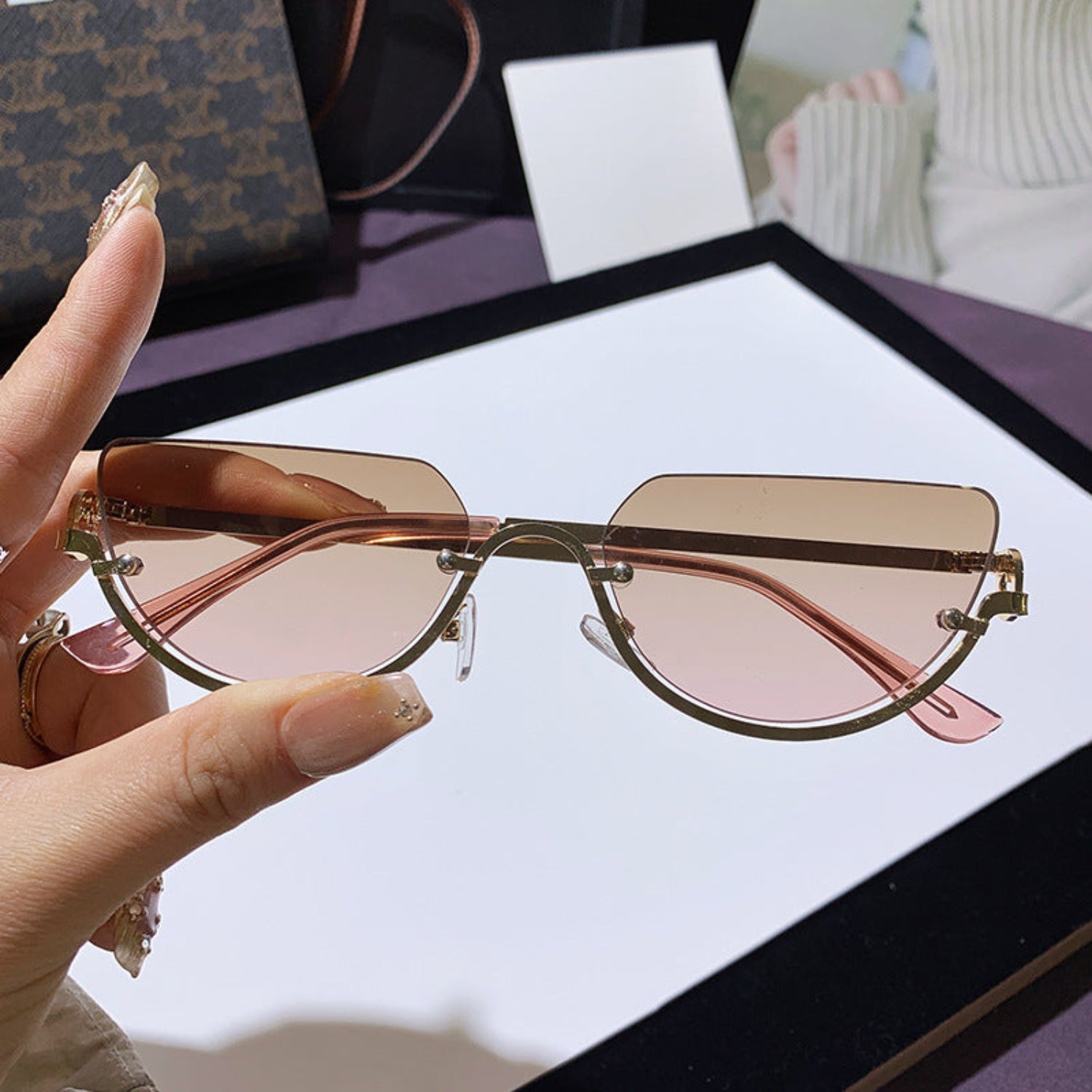 Gold Half-Rim Brown Cat-Eye Sunglasses JLTG0352