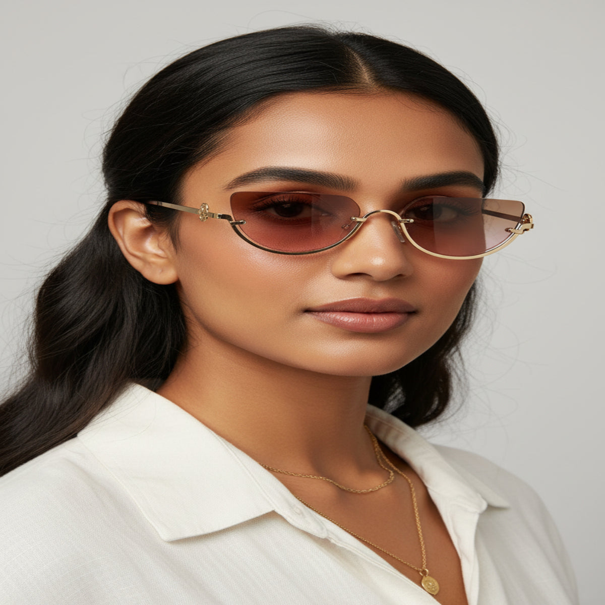 Gold Half-Rim Brown Cat-Eye Sunglasses JLTG0352