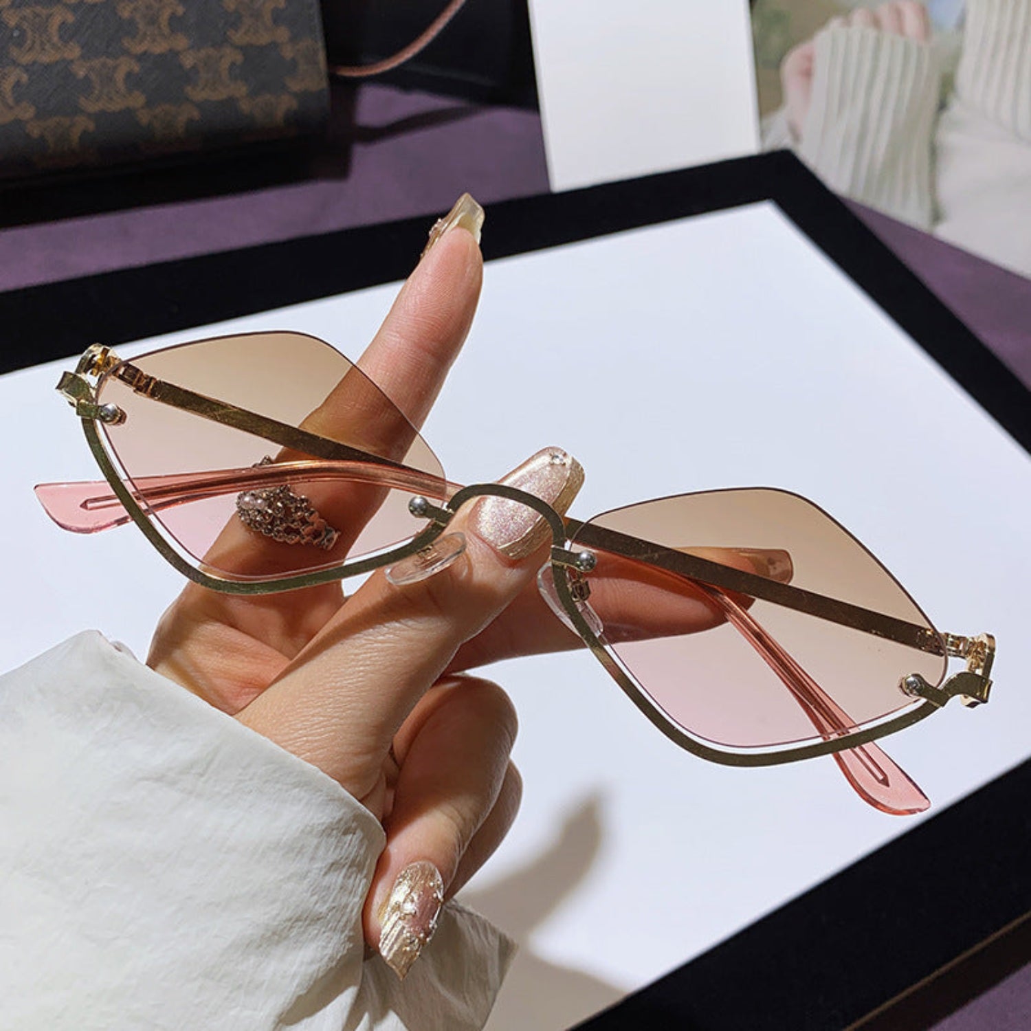 Gold Half-Rim Pink Gradient Sunglasses JLTG0353