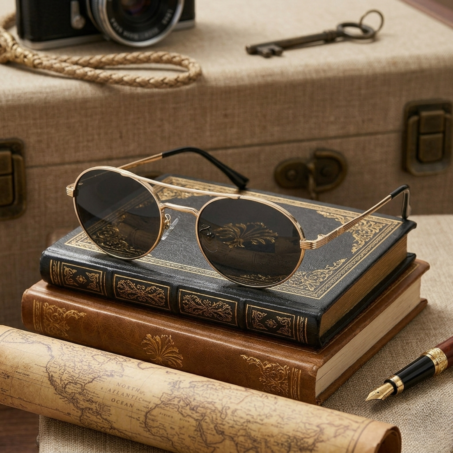 Gold Double Bridge Round Black Sunglasses JLTG0355