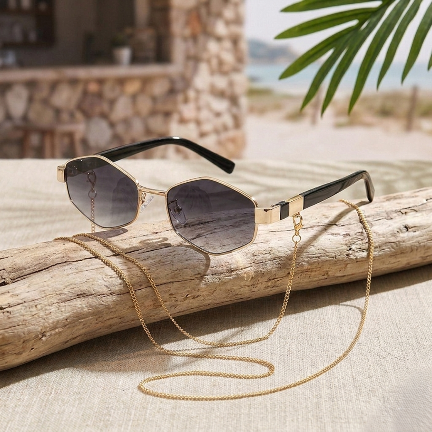 Gold Chain Black Hexagonal Sunglasses JLTG0357