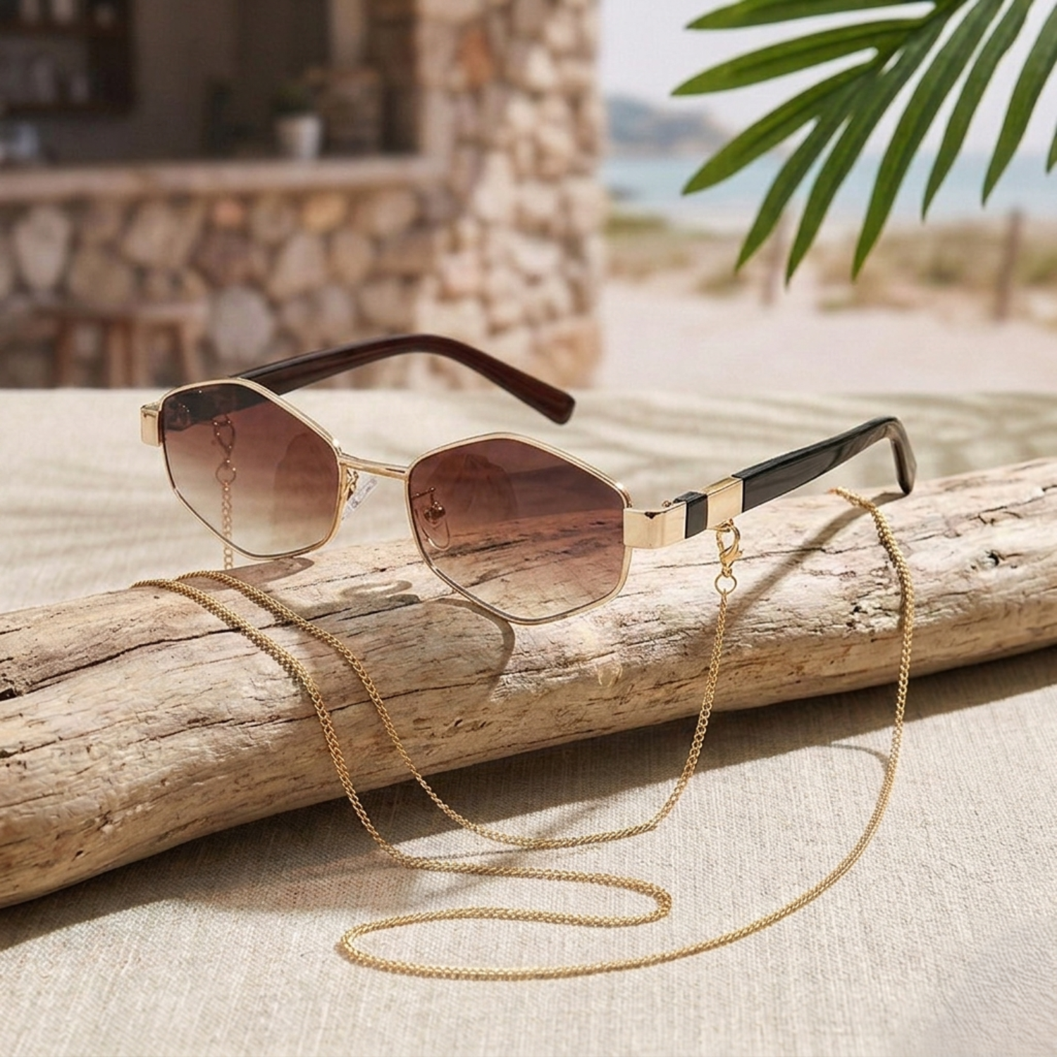 Gold Chain Light Brown Hexagonal Sunglasses JLTG0358