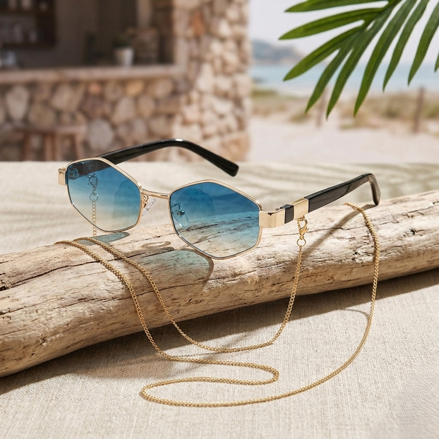 Gold Chain Blue Hexagonal Sunglasses JLTG0359