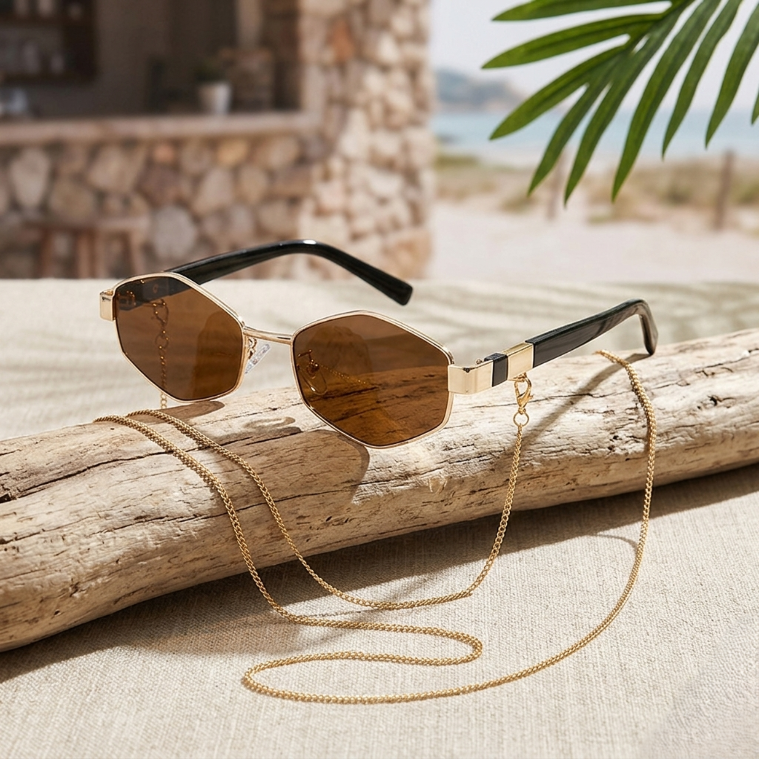 Gold Chain Brown Hexagonal Sunglasses JLTG0360
