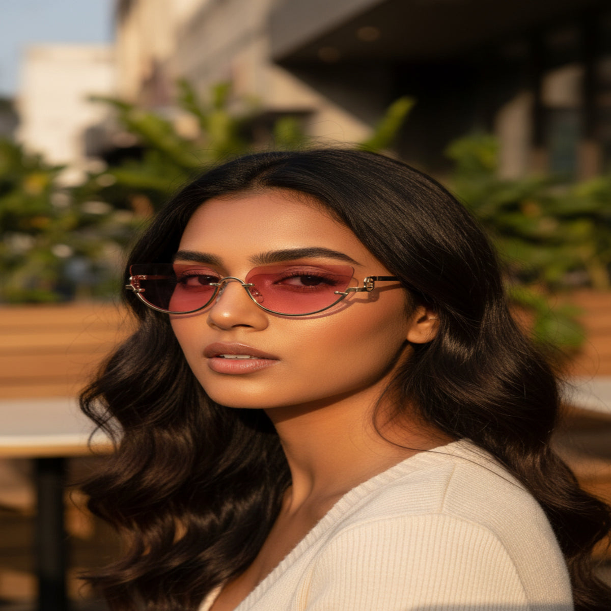 Pink Rimless Cat-Eye Sunglasses JLTG0395