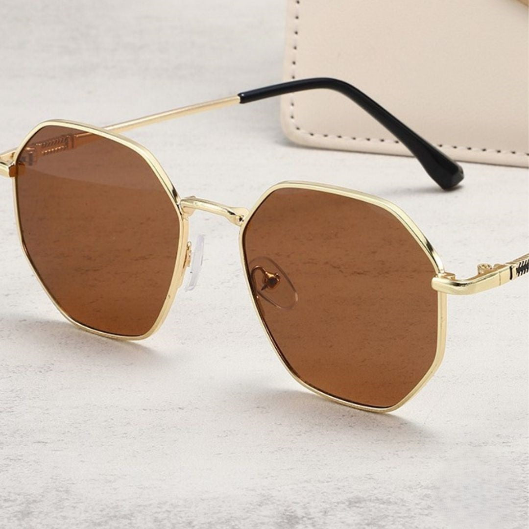 Gold Geometric Hexagon Sunglasses with Brown Lenses JLTG0472