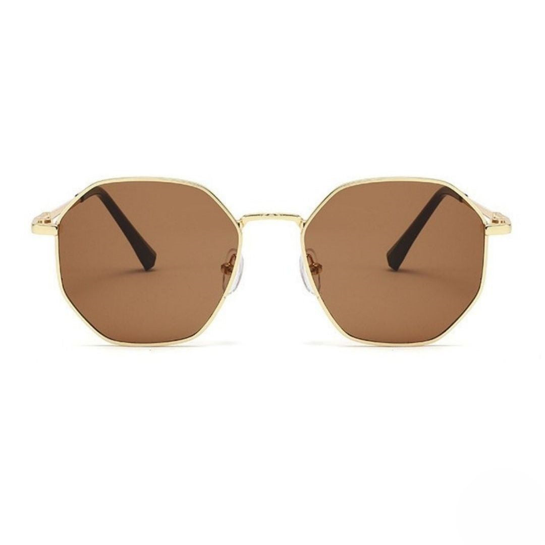 Gold Geometric Hexagon Sunglasses with Brown Lenses JLTG0472