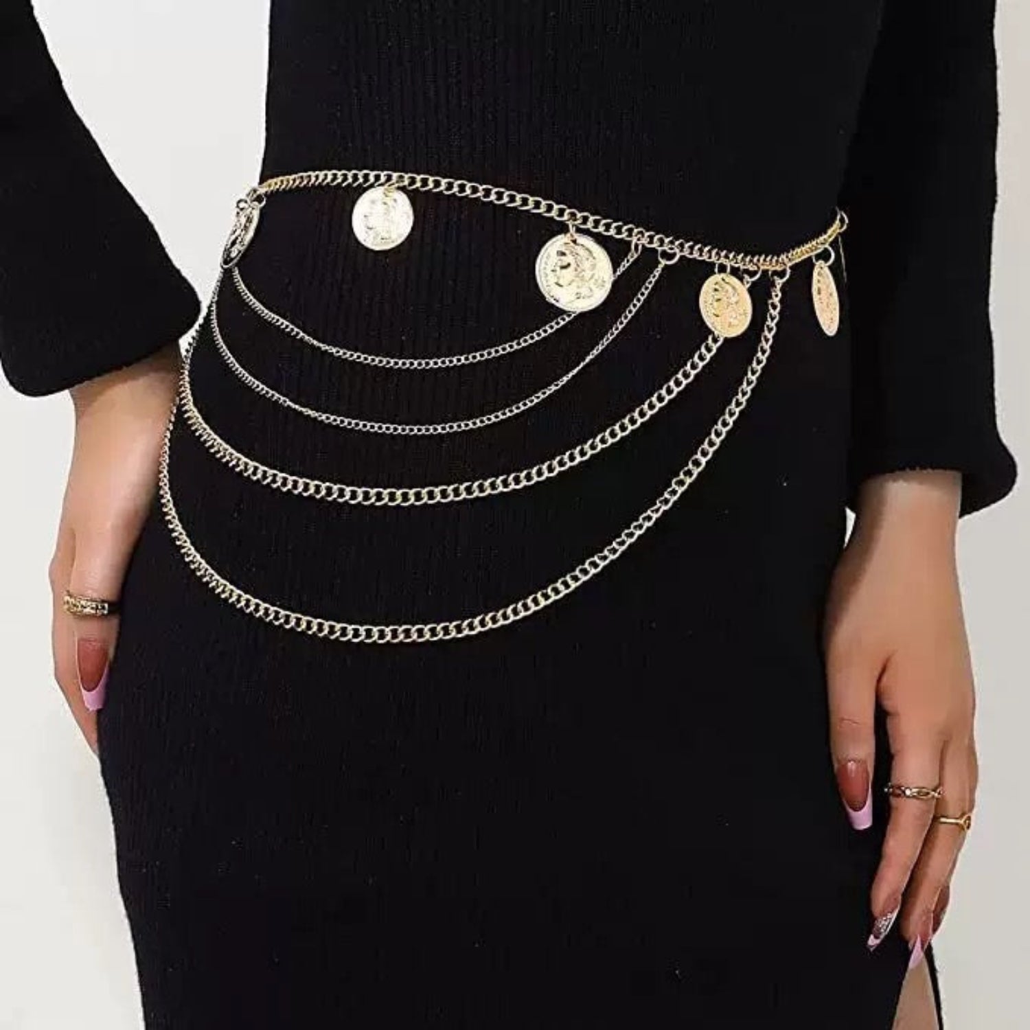 Vintage Gold Coin Layered Chain Belt  jlthb0121