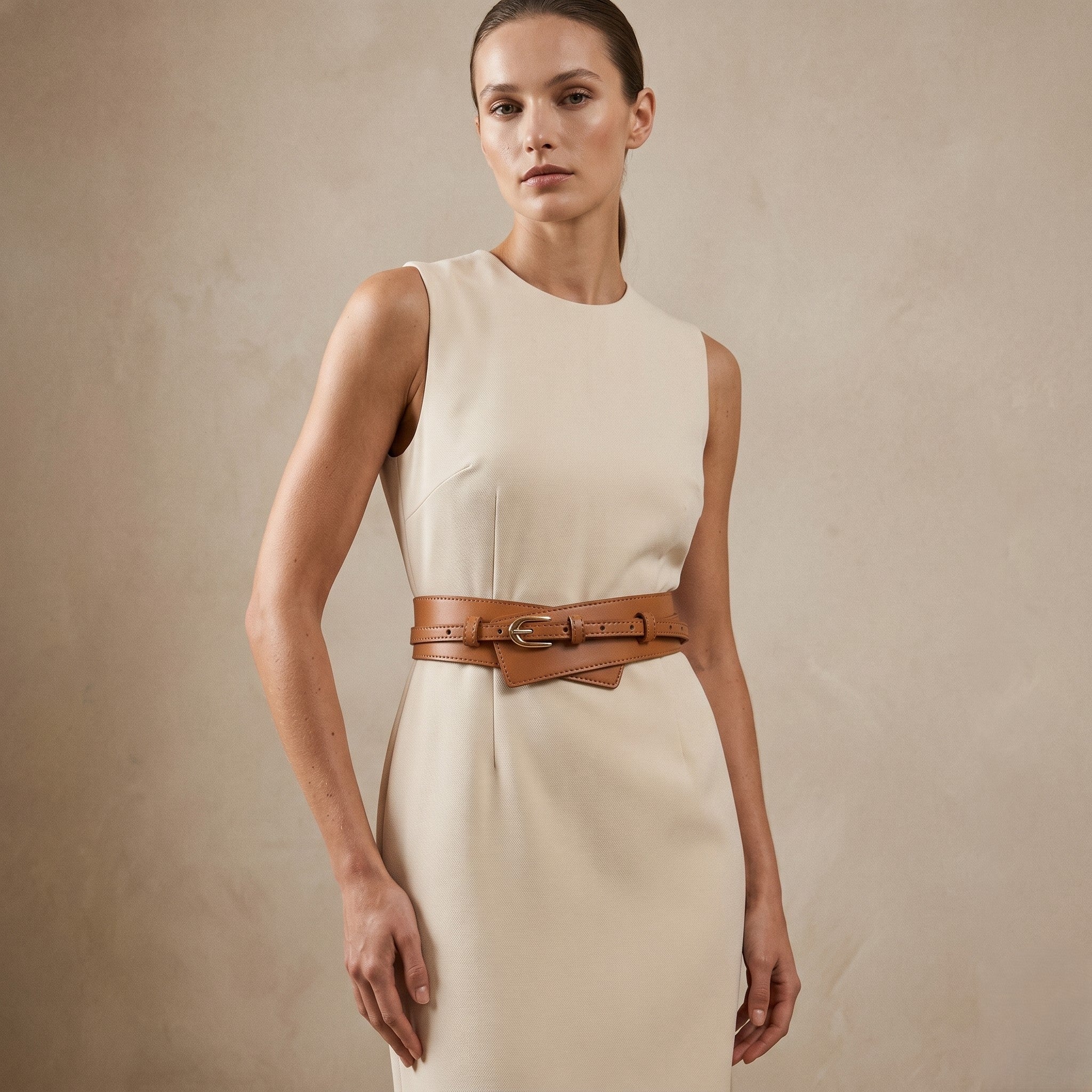 Tan Layered Wide Wrap Belt with Gold Buckle