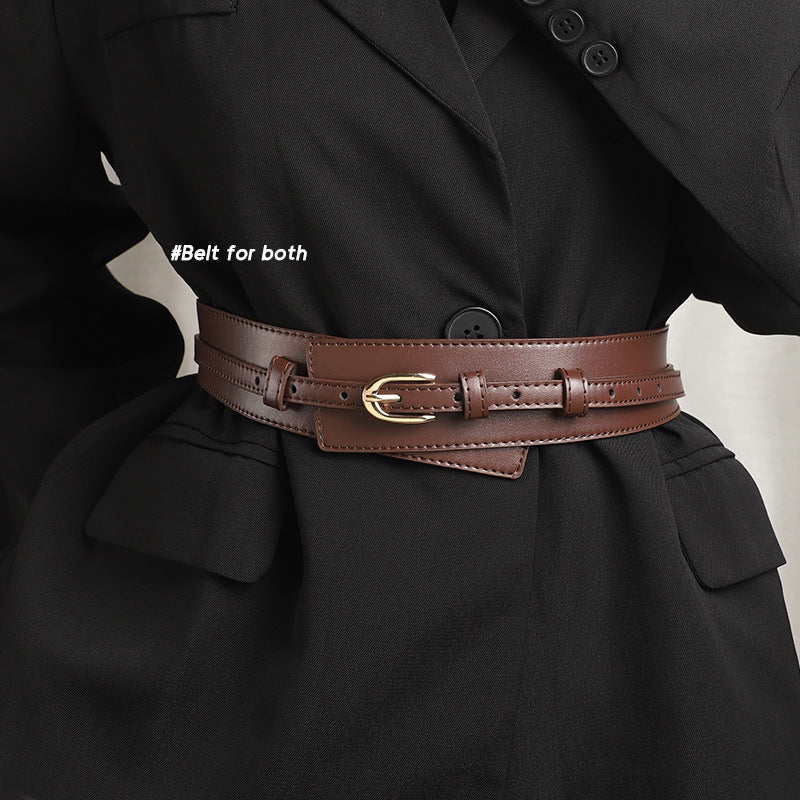 Women's wide belt decorated suit with skirt, sweater, coat, elastic waistband