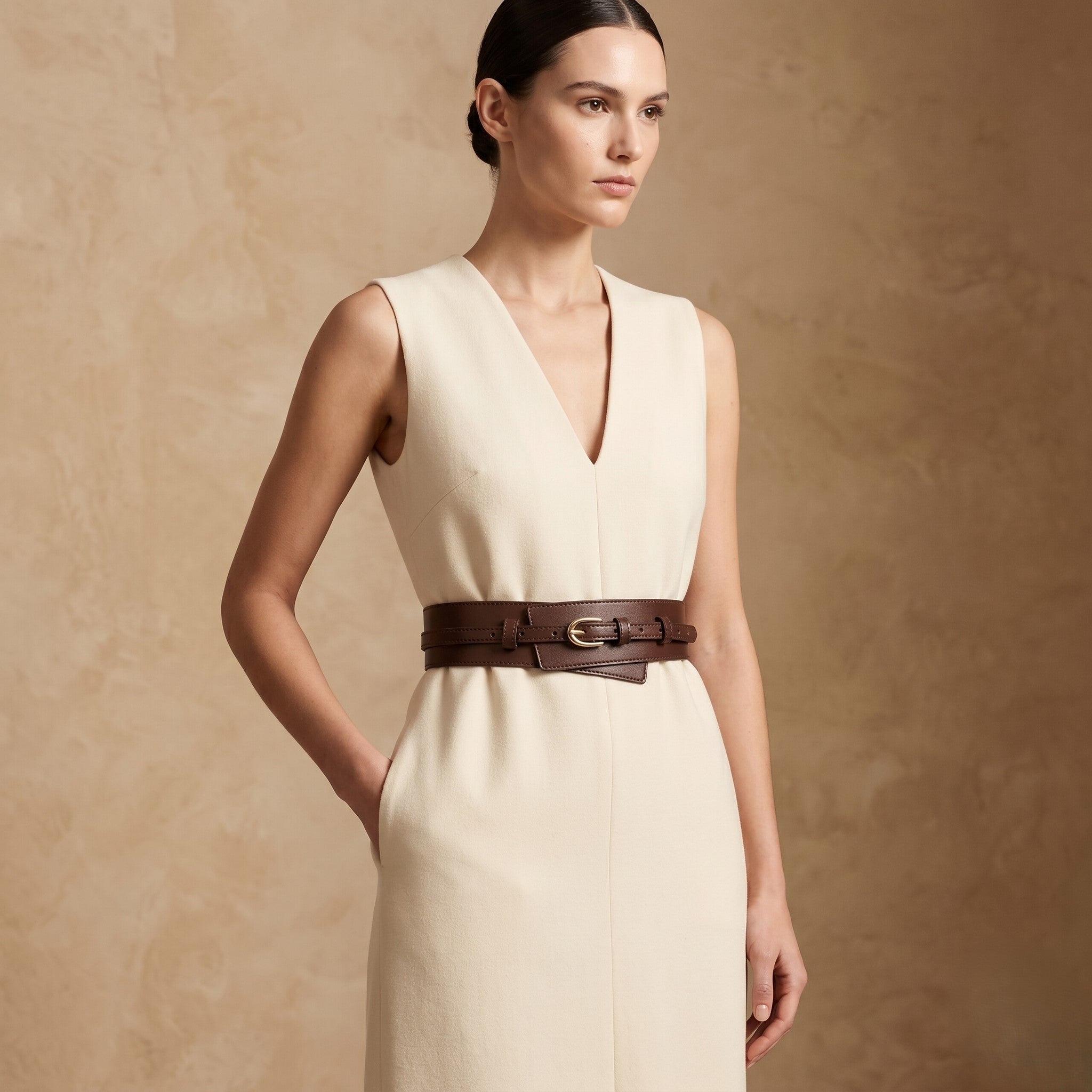 Tan Layered Wide Wrap Belt with Gold Buckle