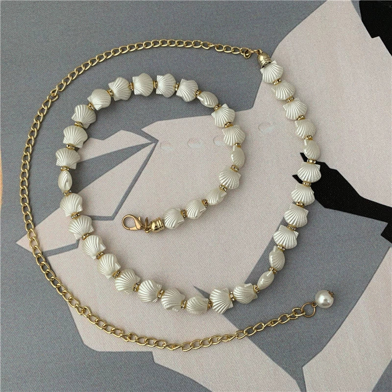 Women's belt, shell pearl waist chain decoration, female thin metal belt, versatile matching dress JLTHB0263
