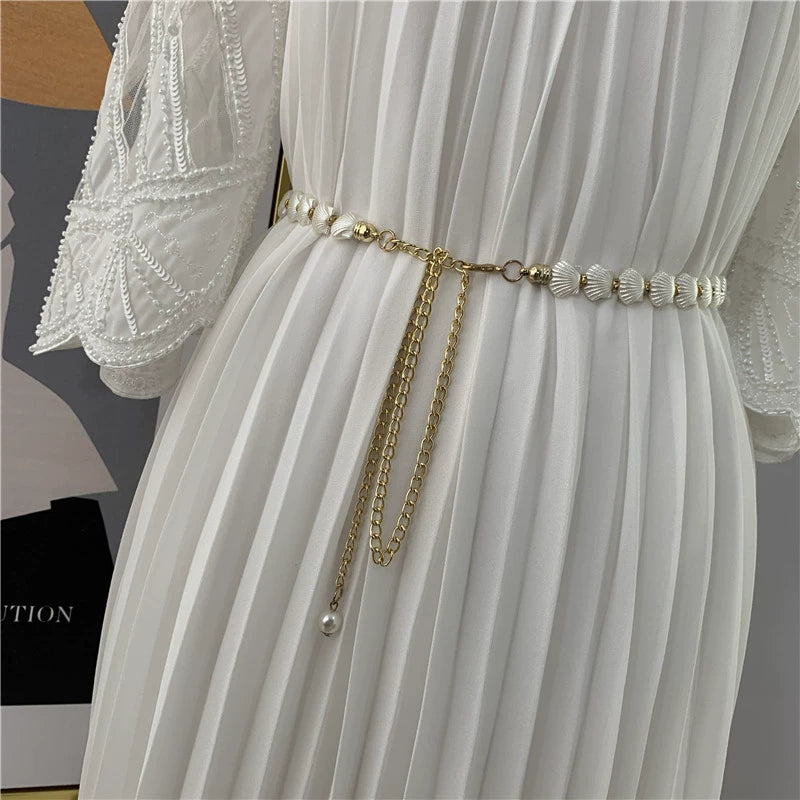 Women's belt, shell pearl waist chain decoration, female thin metal belt, versatile matching dress JLTHB0263