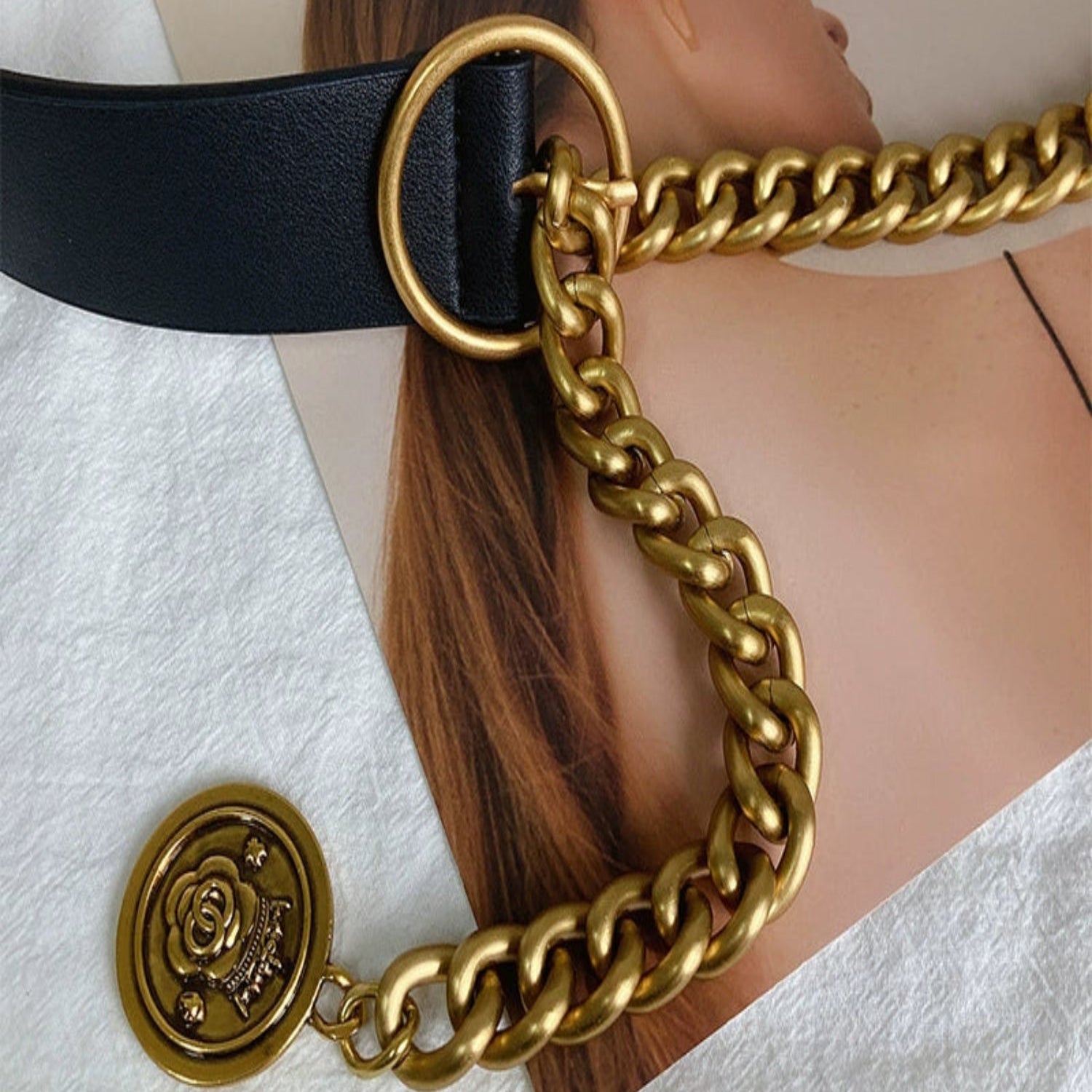 Black Strap Gold Chain Belt JLTHB0283