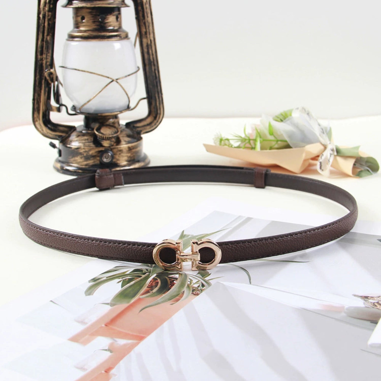 Slim Coffee Gancini Buckle Belt JLTHB0288