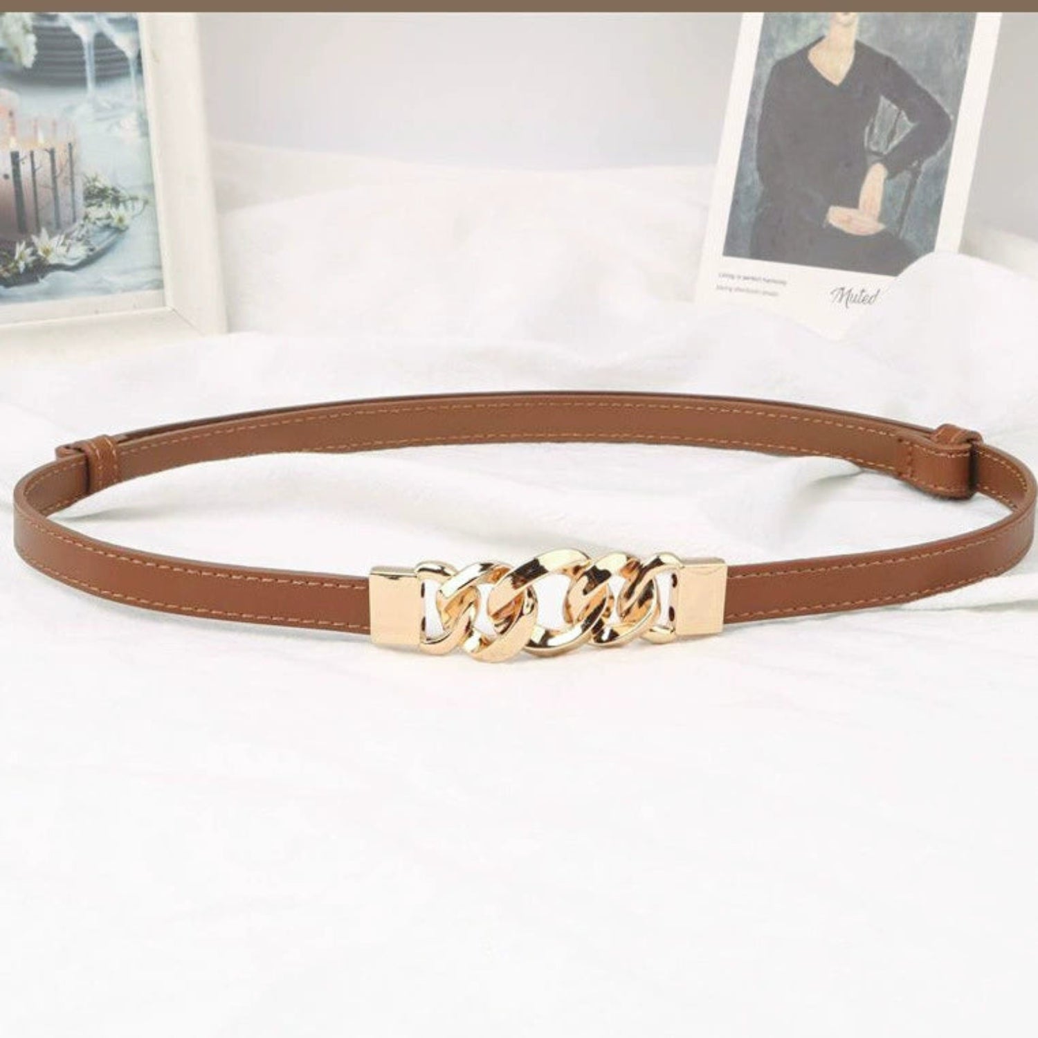 Gold Chain Buckle Tan Belt JLTHB0312
