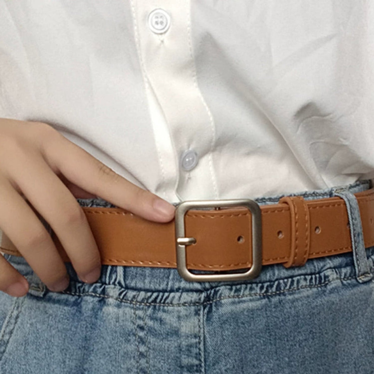 Matte Silver Square Buckle Tan Belt JLTHB0337