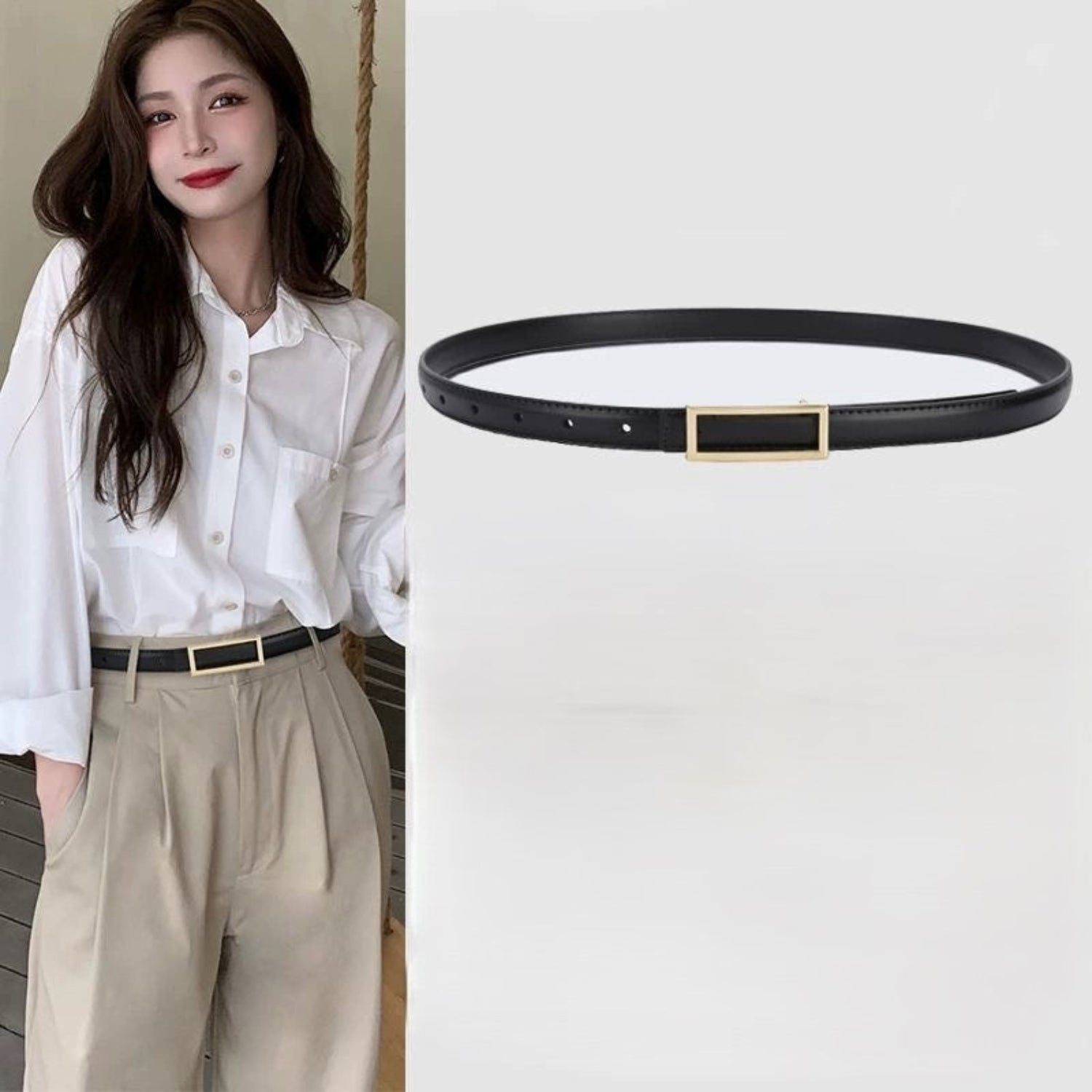 Minimalist Gold Rectangular Frame Black Belt JLTHB0378
