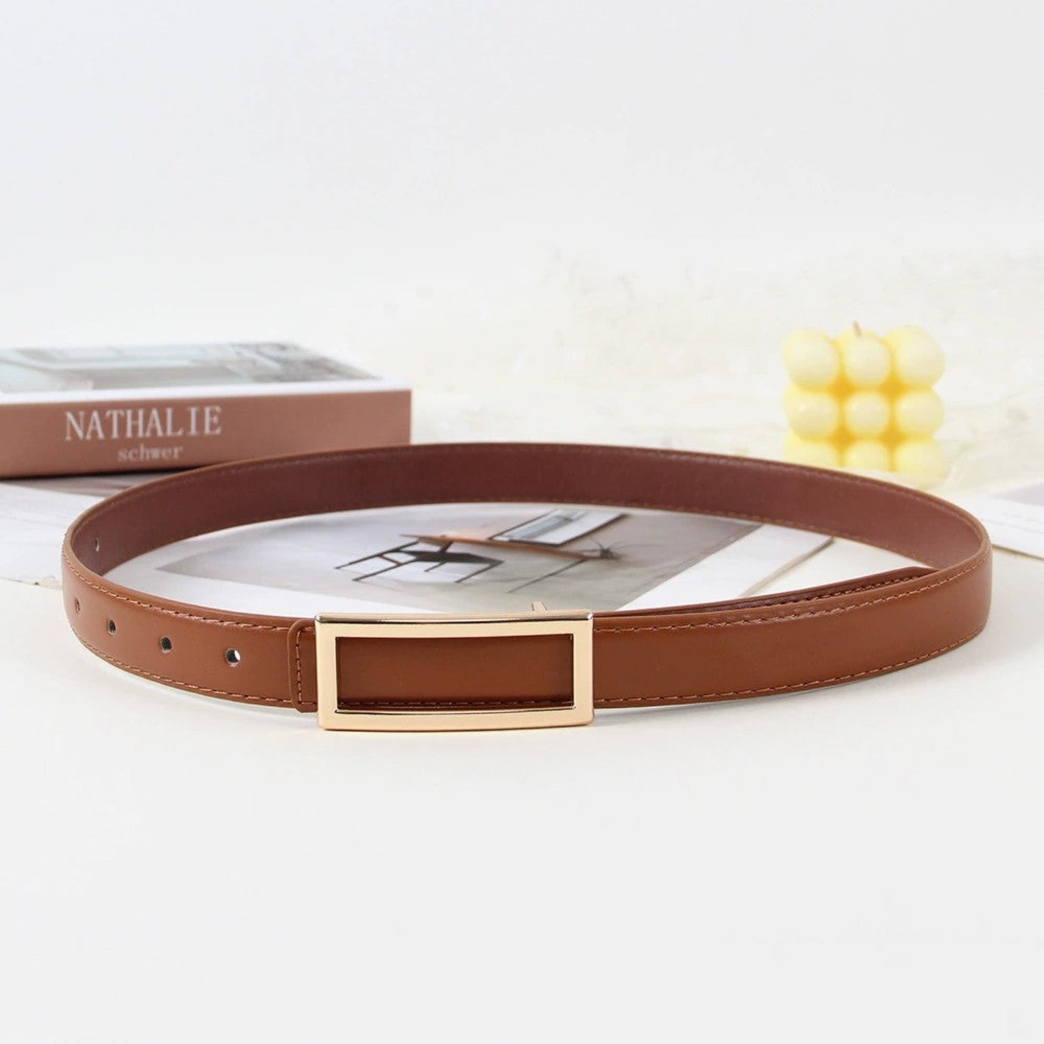 Minimalist Gold Rectangular Frame Brown Belt JLTHB0379