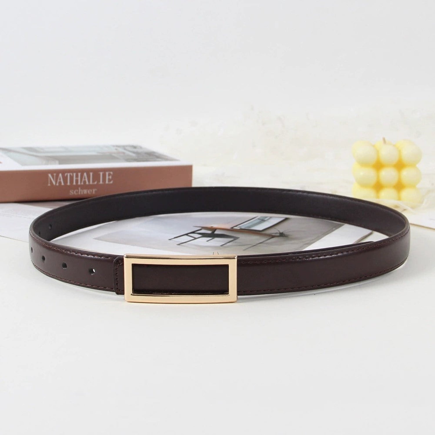 Minimalist Gold Rectangular Frame Coffee Brown Belt JLTHB0380