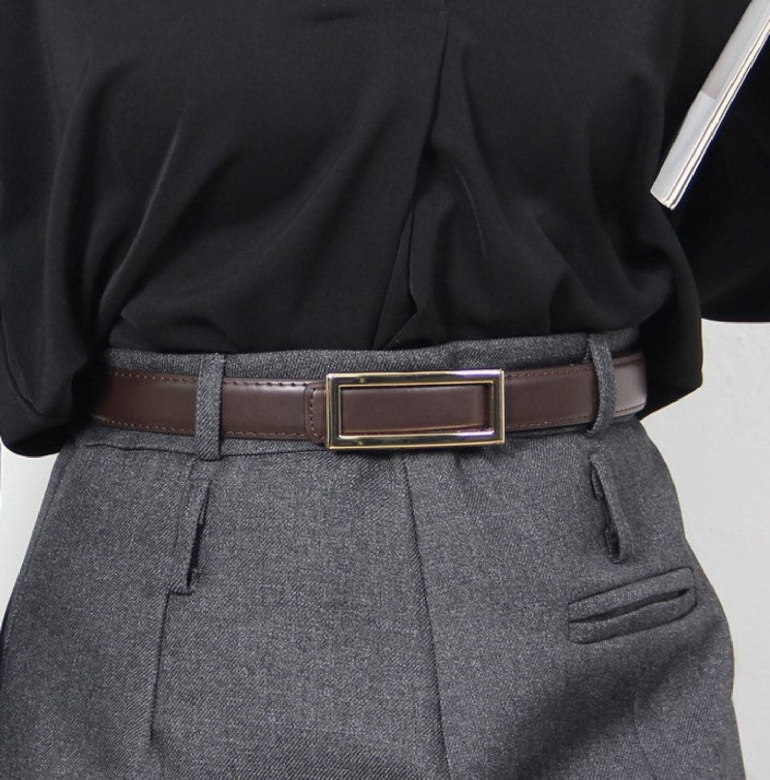 Minimalist Gold Rectangular Frame Coffee Brown Belt JLTHB0380