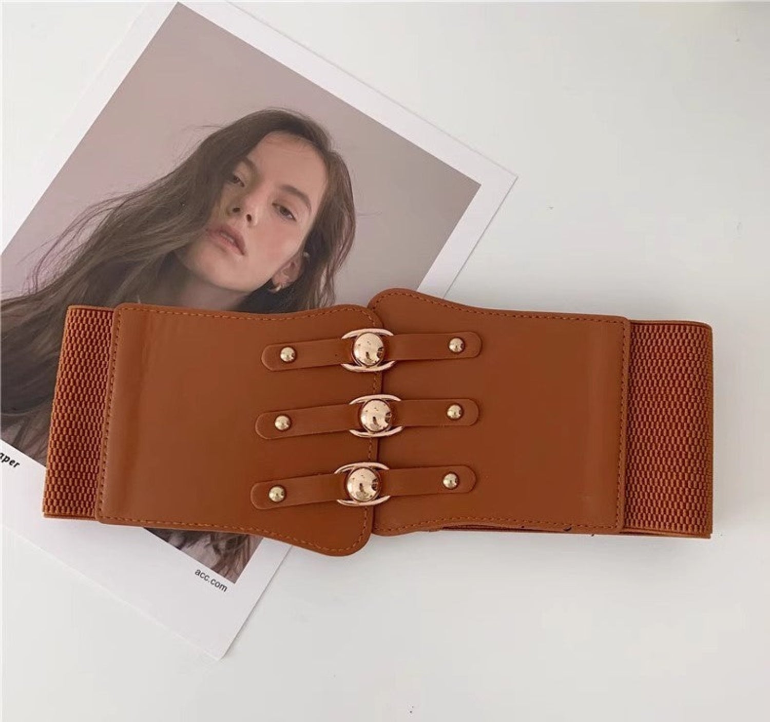 Triple Buckle Wide Elastic Brown Belt JLTHB0381