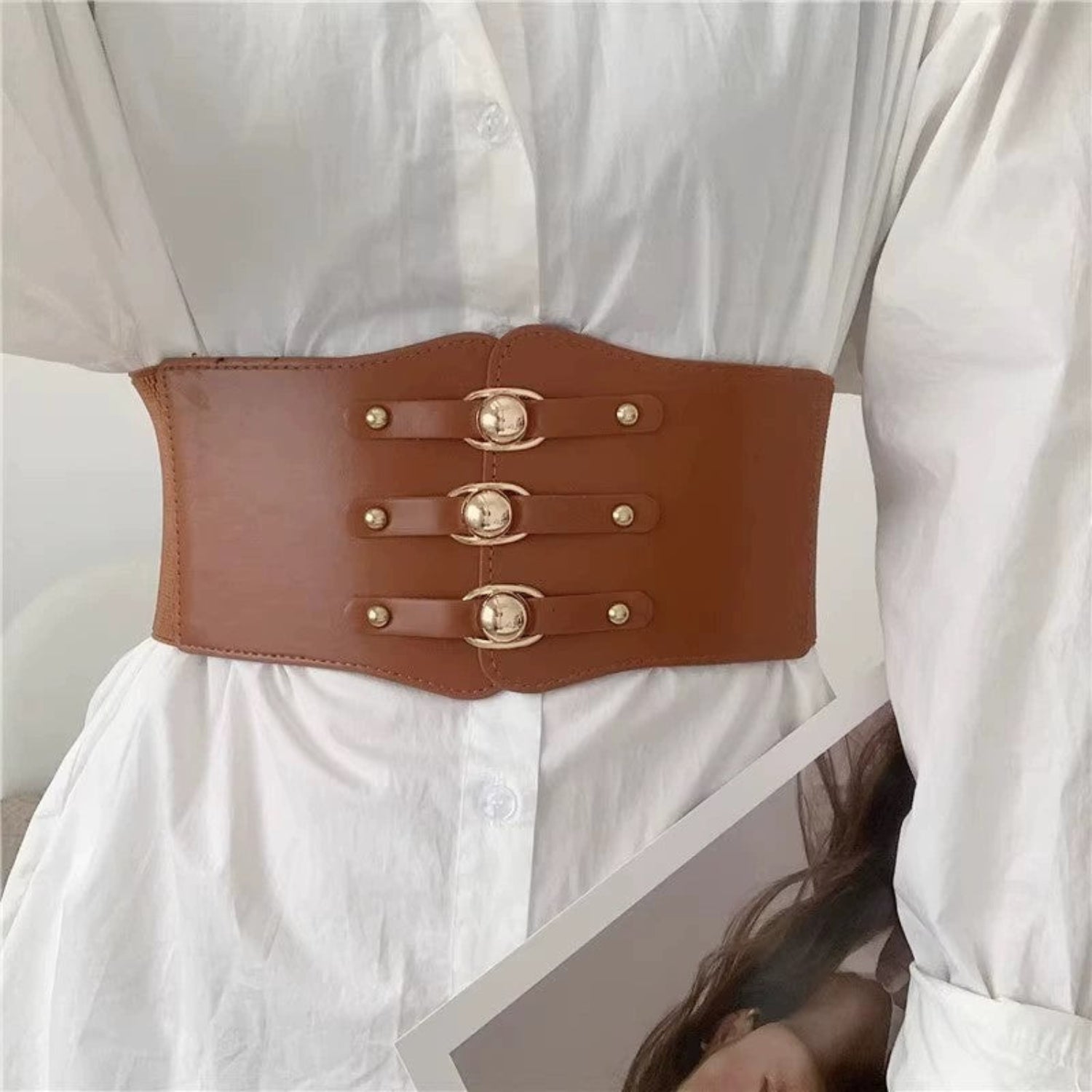 Triple Buckle Wide Elastic Brown Belt JLTHB0381