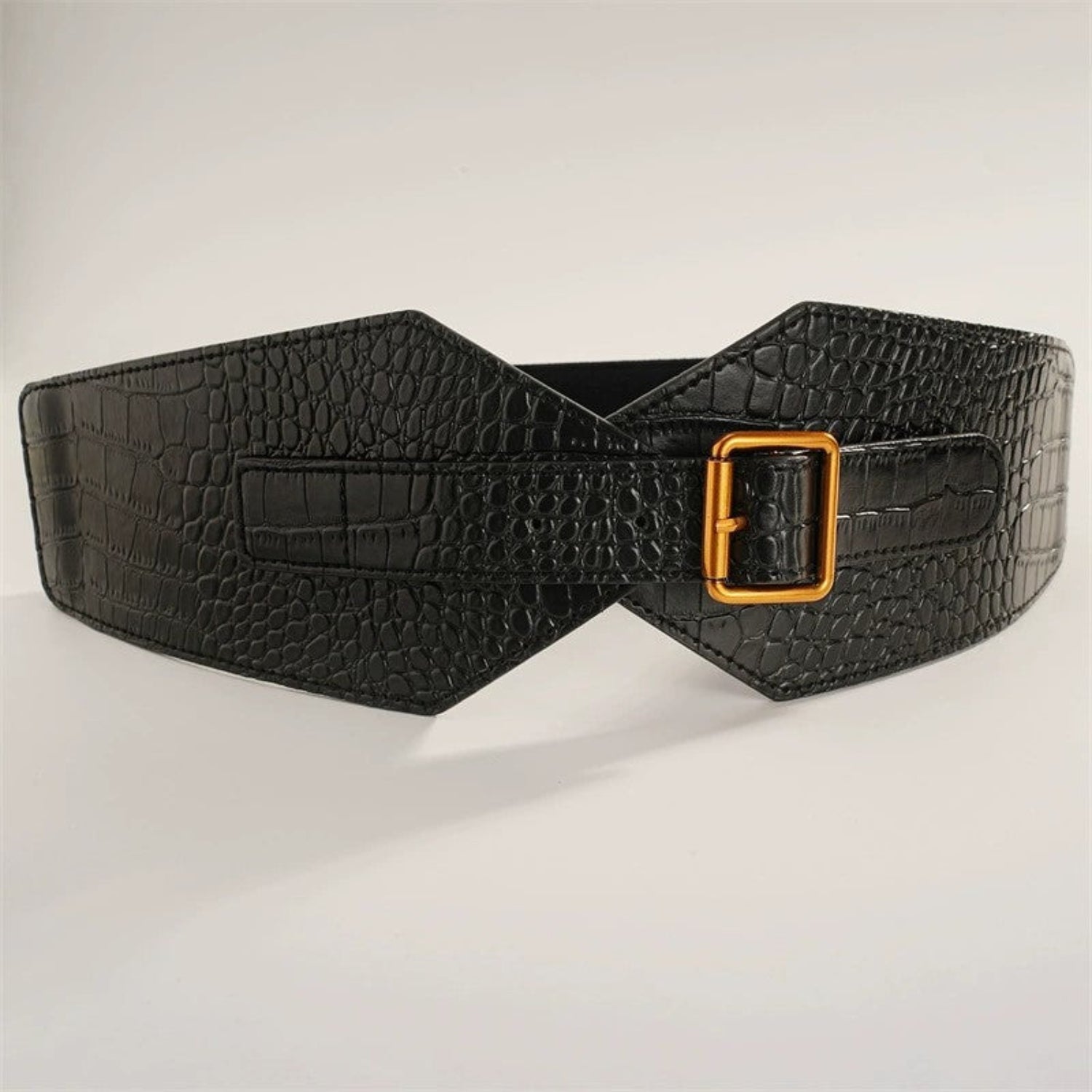 Crocodile Embossed Wide Waist Black Belt JLTHB0383
