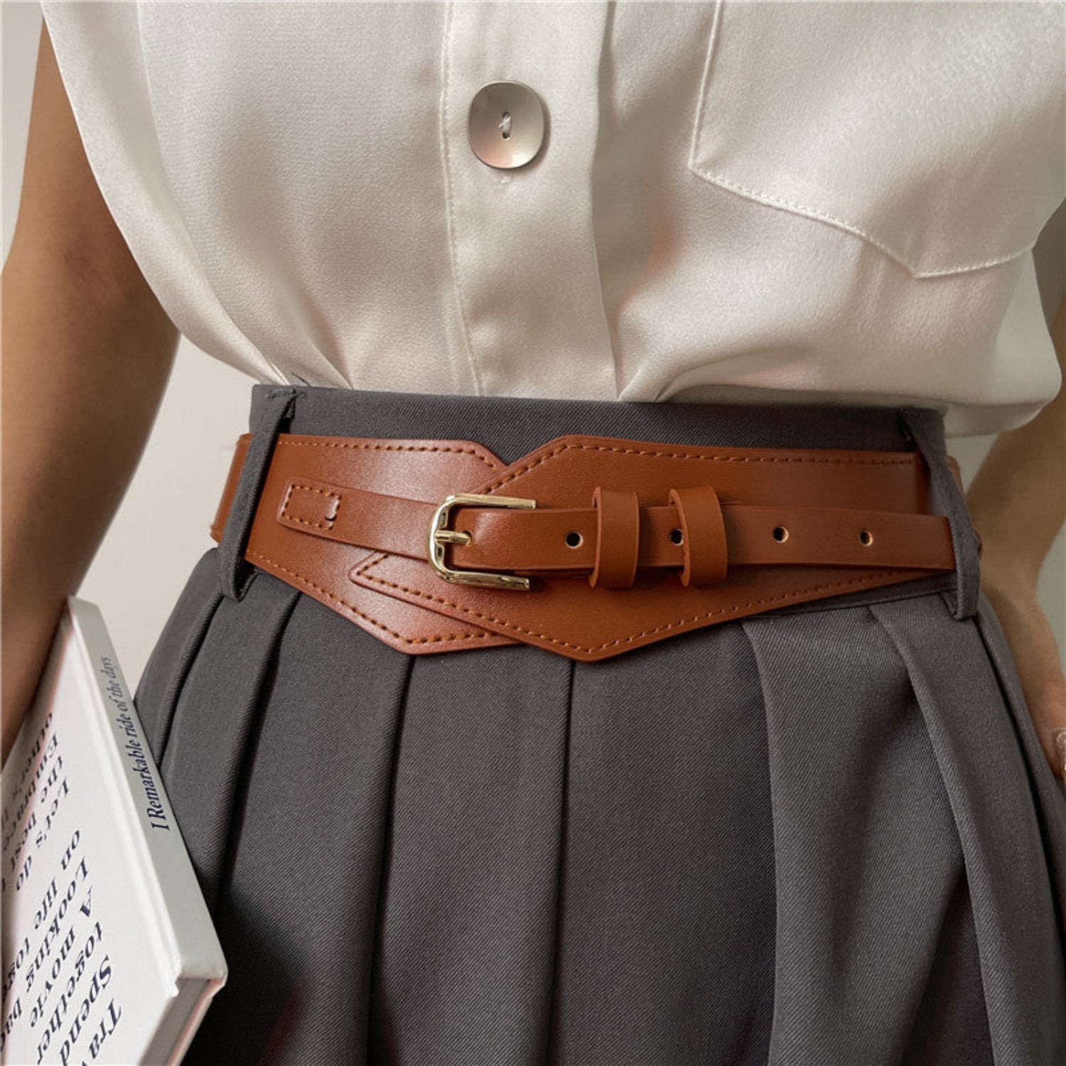 Brown Geometric Leather Waist Belt JLTHB0410