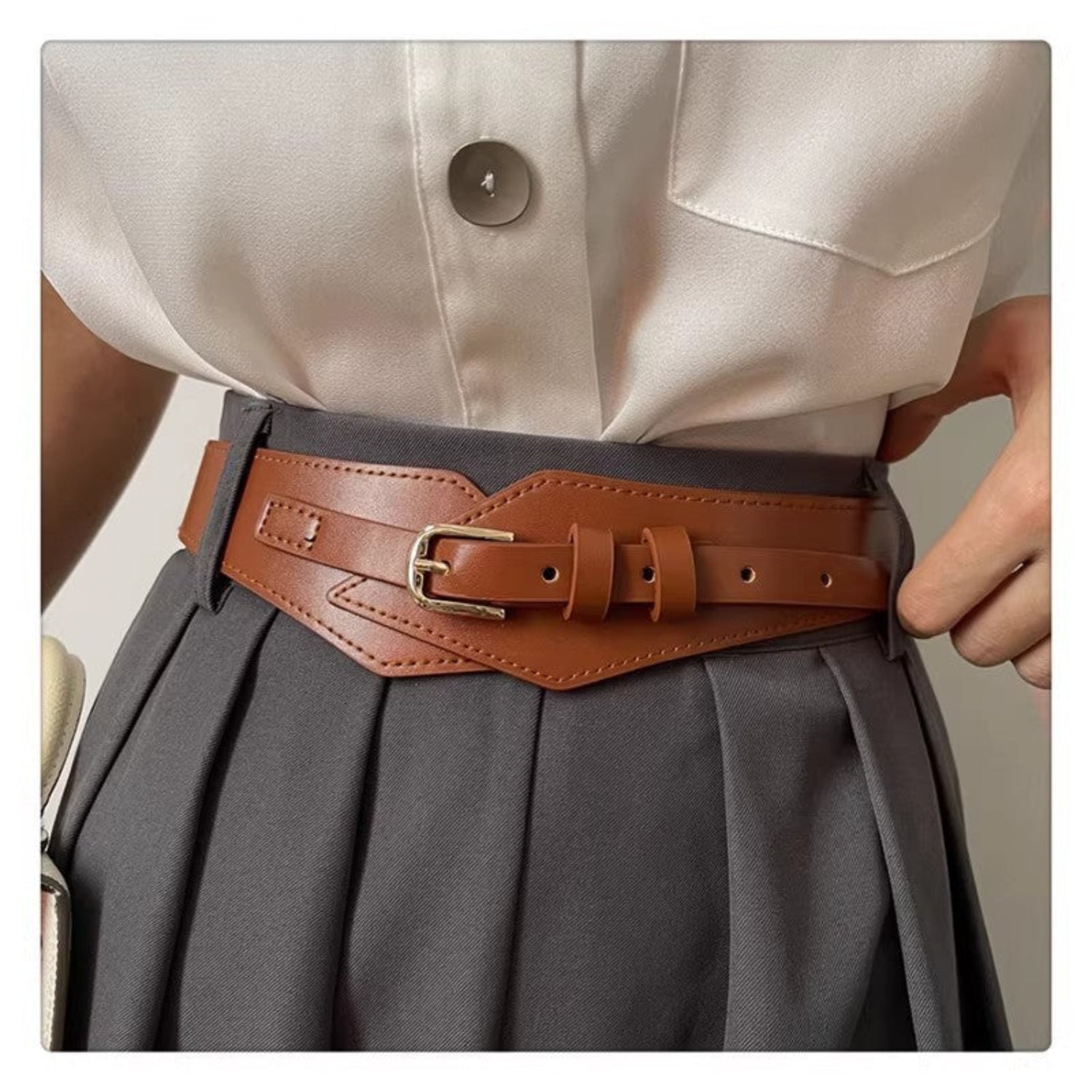 Brown Geometric Leather Waist Belt JLTHB0410