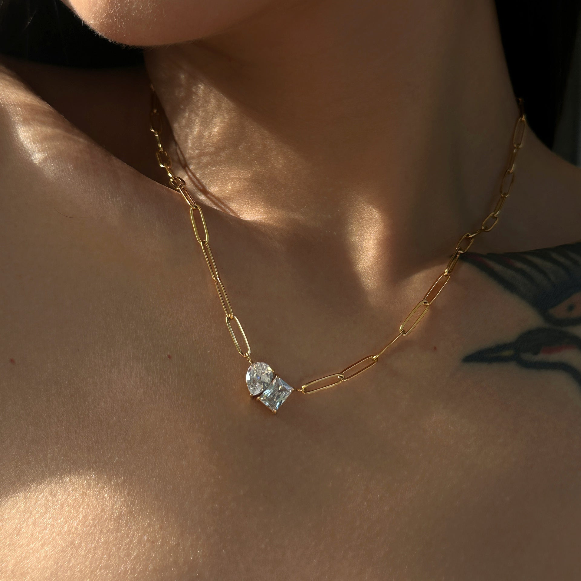 Chic Triangle & Rectangle Zirconia Pendant Pin Link Chain Gold Necklace JLTN1231